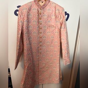 MEN elegant Light pink Sherwani coat  embroidered work and white pant SIZE 44